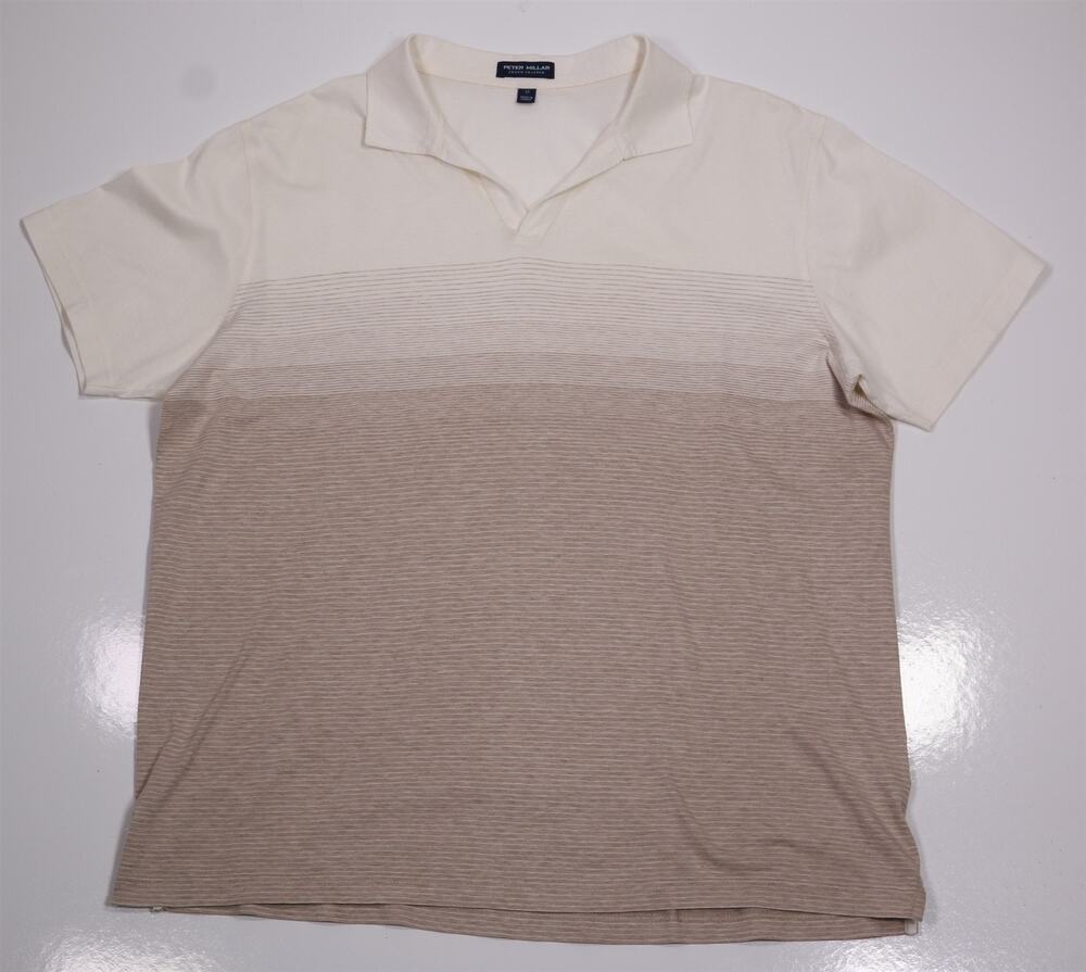 Peter Millar Crown Crafted Cream Brown Windward Riviera Open Polo Shirt Medium